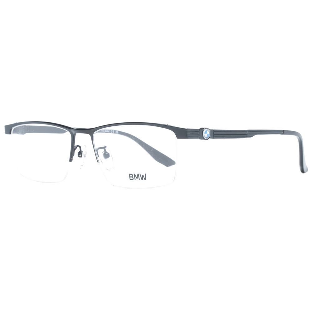 BMW Black Men Glasses Frame, black titanium half-rim, rectangle style with demo lenses, includes branded case, size 55-17-145.