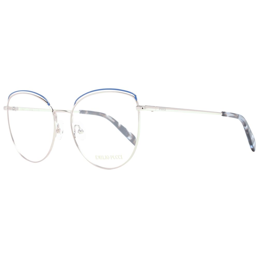 Emilio Pucci Blue Women Glasses Frame with metal full-rim design and demo lenses, featuring round style and branded case included.