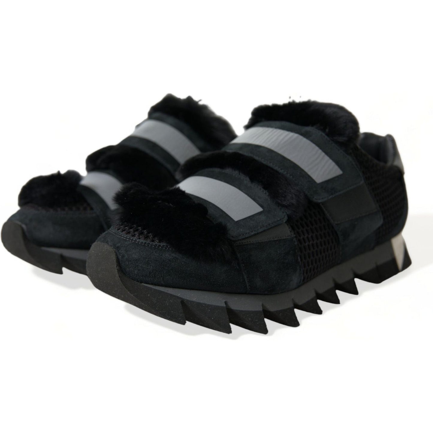 Dolce & Gabbana Black Fur Embellished Suede Sneakers Shoes
