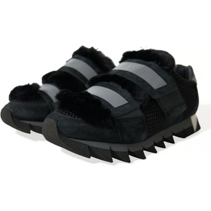 Dolce & Gabbana Black Fur Embellished Suede Sneakers Shoes