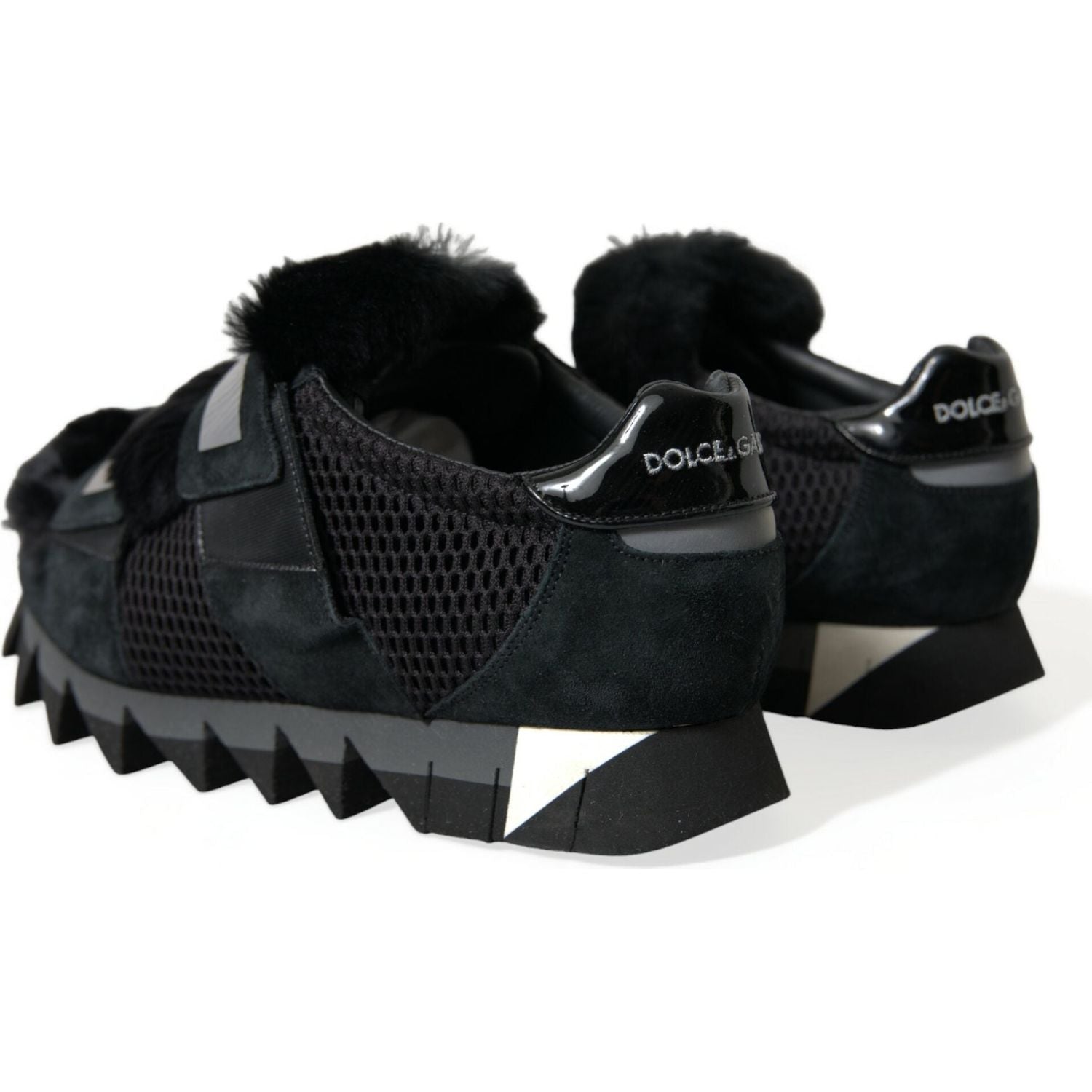 Dolce & Gabbana Black Fur Embellished Suede Sneakers Shoes