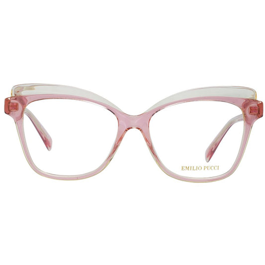 Emilio Pucci Pink Women Glasses Frame in rose plastic, full-rim butterfly style with demo lenses. Includes branded case.