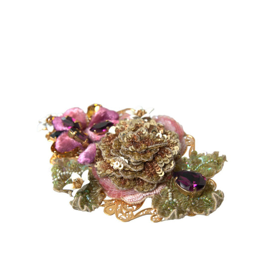 Dolce & Gabbana Gold Brass Floral Crystal Sequined Hair Clip