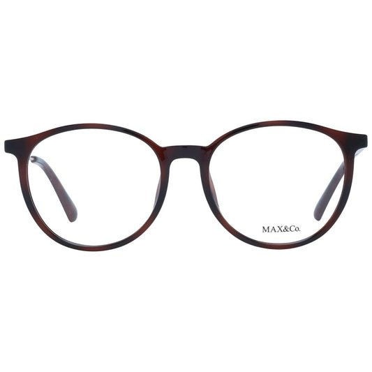 Max & Co Brown Women Glasses Frame, plastic full-rim panto style with demo lenses, size 52-17-140, includes branded case.
