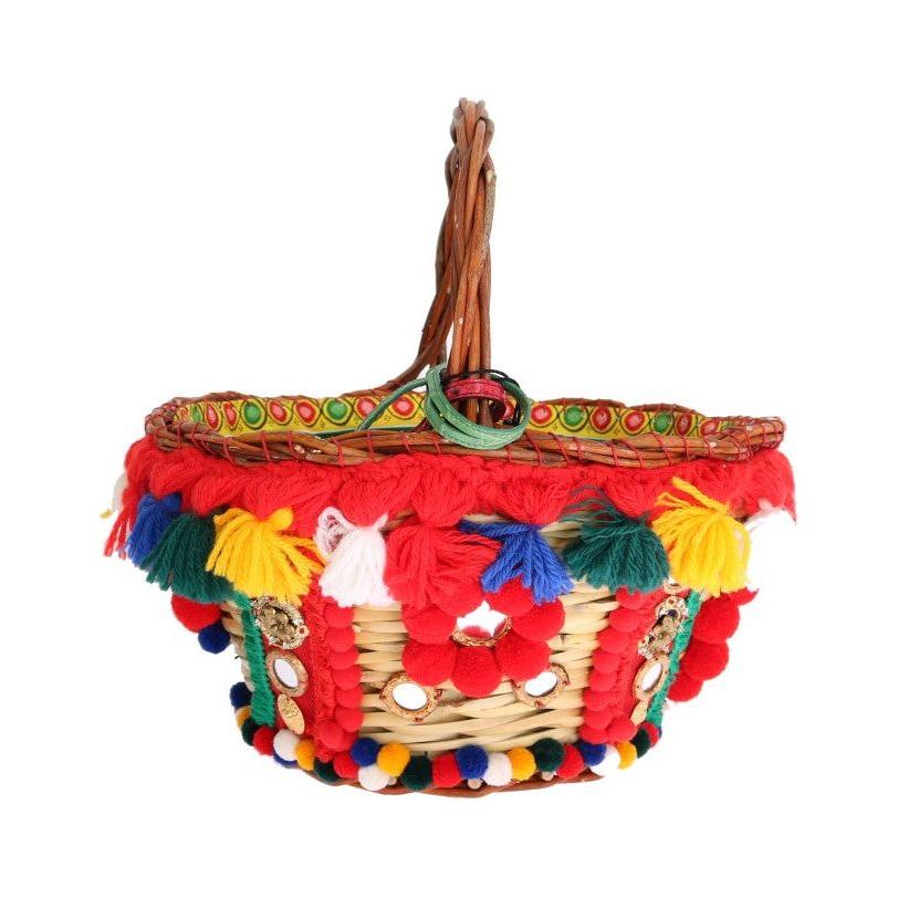 Dolce & Gabbana Multicolor AGNESE Straw Crystal  Pom Pom Bag