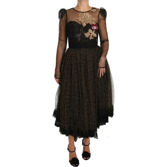 Dolce & Gabbana Black Gold Crystal Heart A-line Dress DR1583-38