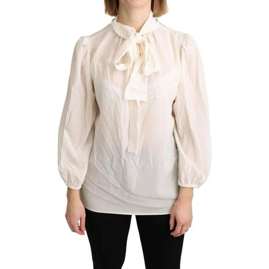 Dolce & Gabbana Off White Scarfneck Long Sleeves Blouse Silk Top Dolce & Gabbana Light Gray