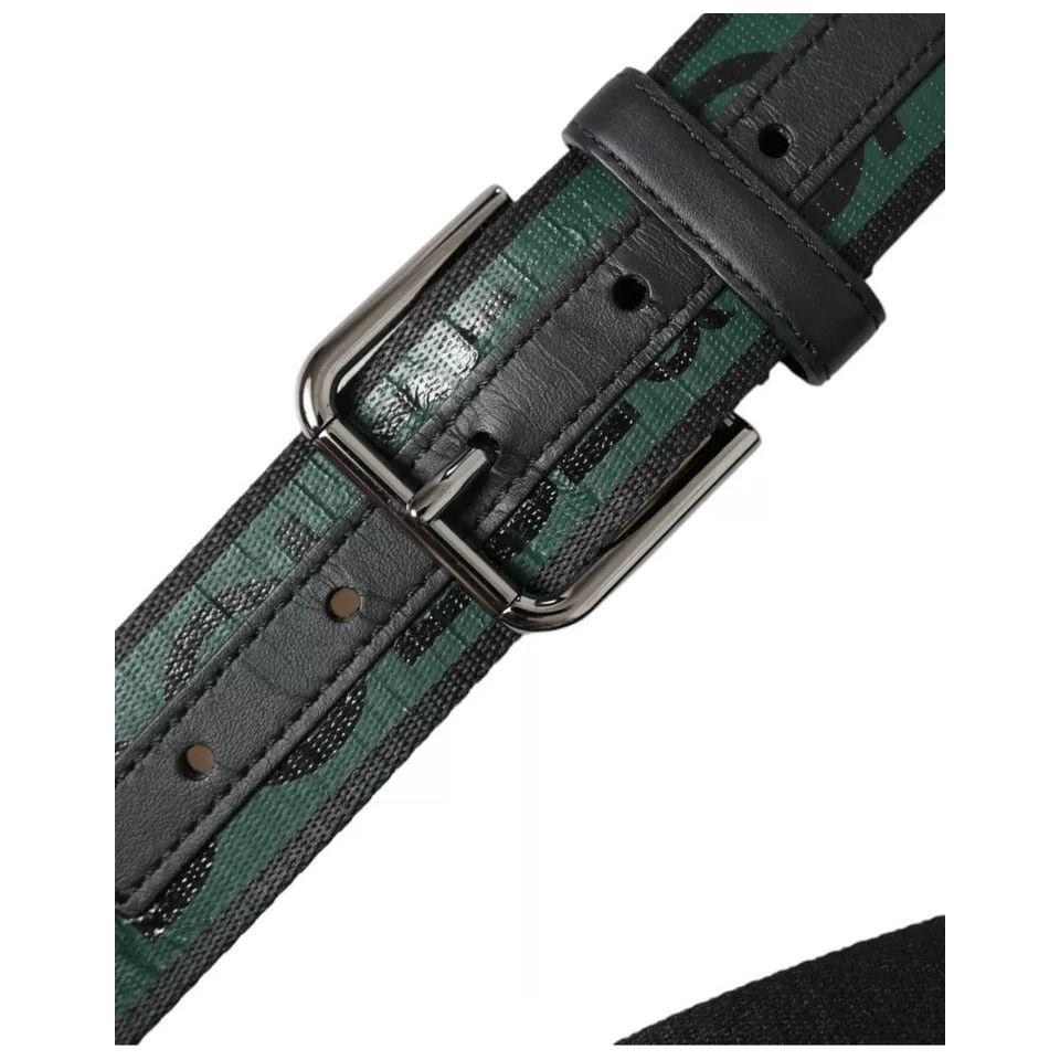 Dolce & Gabbana Black Green Logo Silver Metal Buckle Belt
