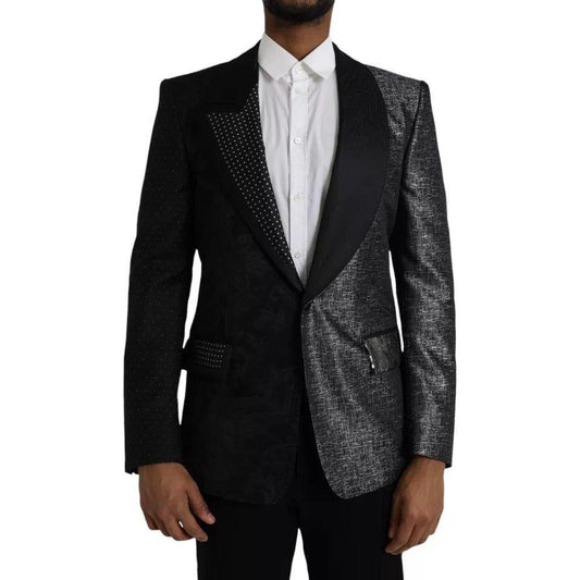 Dolce & Gabbana Black Silver Silk Single Breasted Coat Blazer Dolce & Gabbana Black