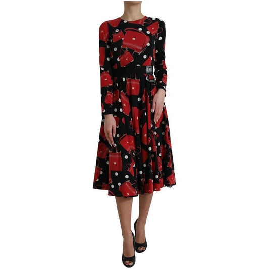 Dolce & Gabbana Black Sicily Bag Print Flared Midi Dress Dolce & Gabbana Black