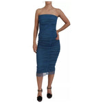 Dolce & Gabbana Blue Mesh Trim Ruched Tulle Sheath Dress