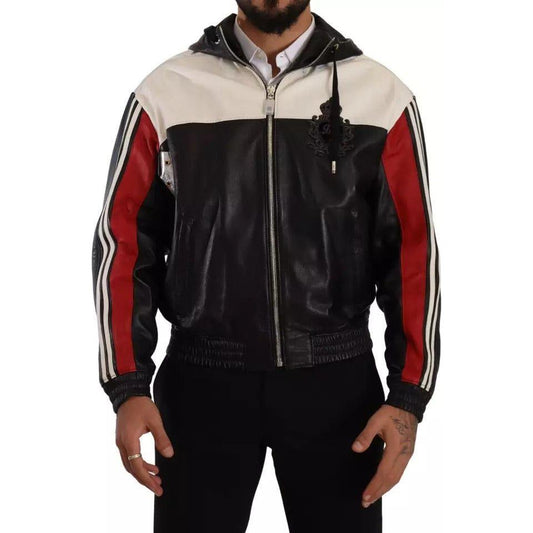 Dolce & Gabbana Black Leather Hooded Blouson Jacket Dolce & Gabbana Gray