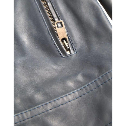 Dolce & Gabbana Blue Leather Full Zip Biker Blouson Jacket