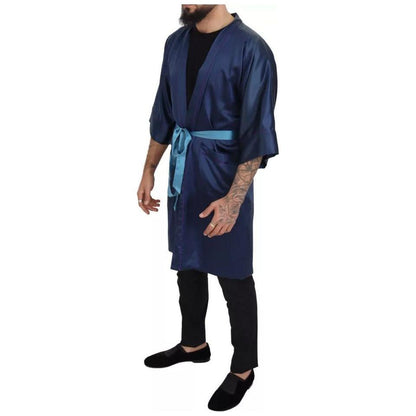Dolce & Gabbana Blue Satin Silk Waist Belt Robe Jacket