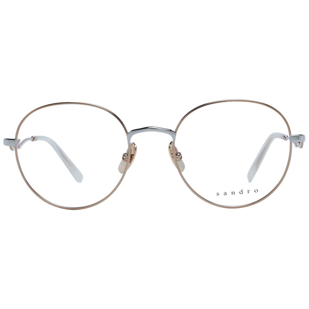 Sandro Gold Women Glasses Frame in stainless steel with full-rim round style, size 51-19-140, featuring demo lenses and branded case.