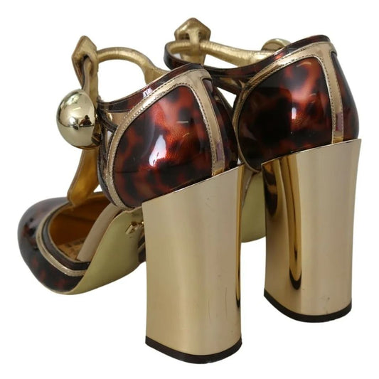 Dolce & Gabbana Gold Leopard T-strap Pumps Sandals Shoes Dolce & Gabbana Dim Gray