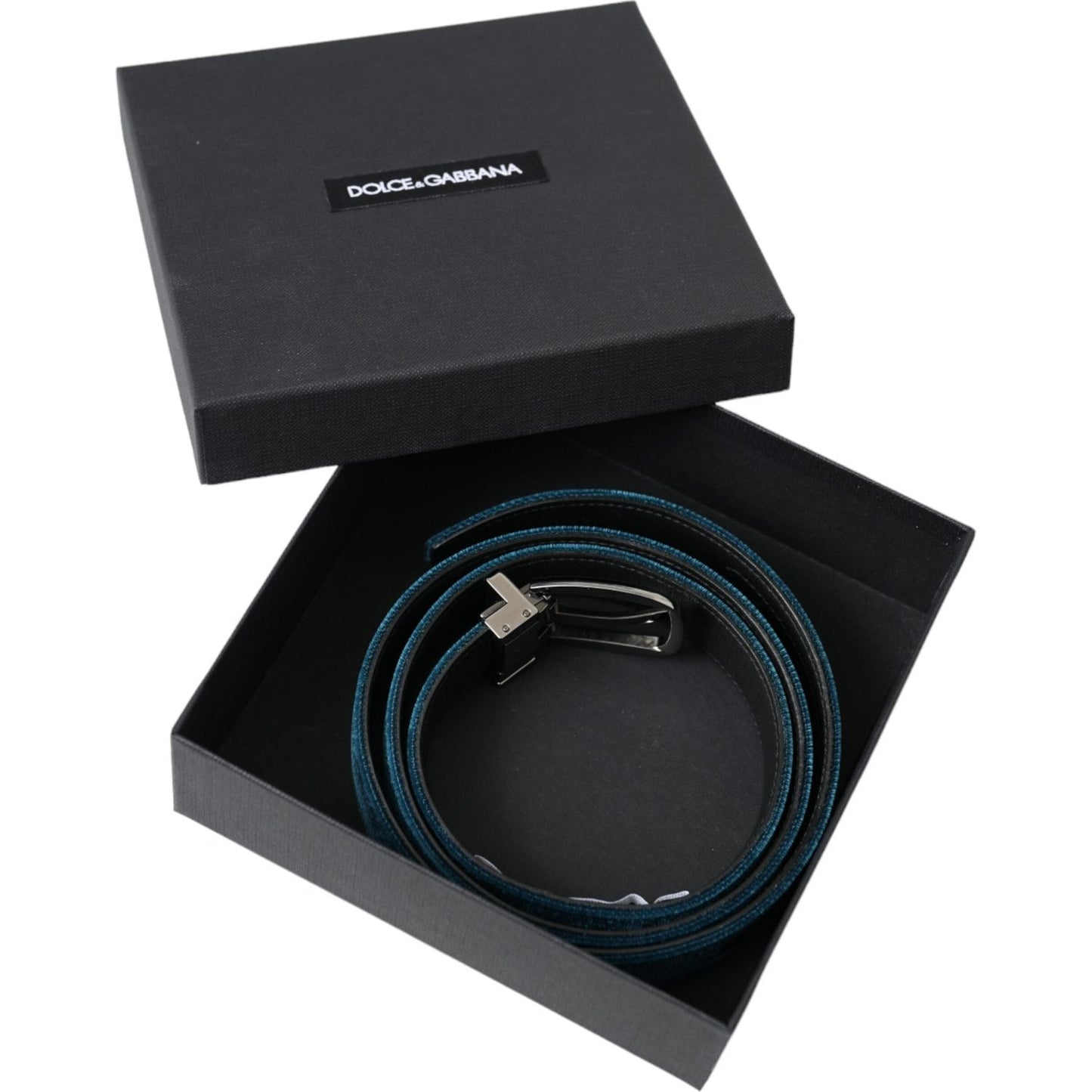 Dolce & Gabbana Blue Velvet Leather Silver Metal Buckle Belt
