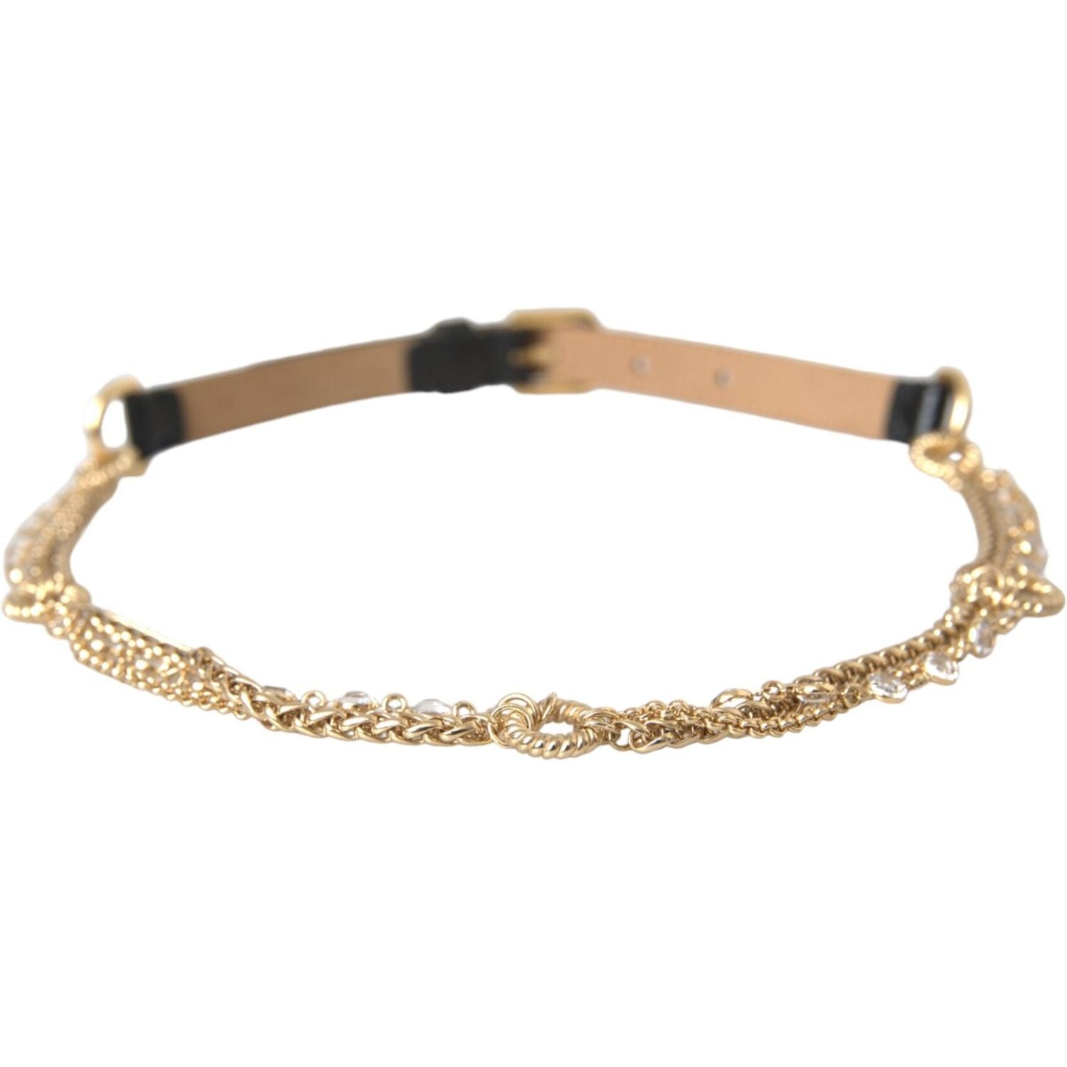 Dolce & Gabbana Black Leather Gold Chain Crystal Waist Women Belt