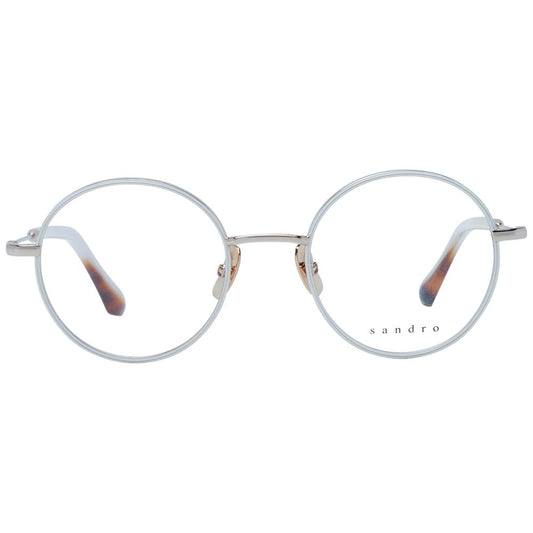 Sandro White Women Glasses Frame in stainless steel, full-rim style with demo lenses, 49-21-140 size, panto design, includes branded case.