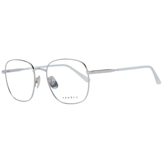 Sandro Silver Women Glasses Frame, square style, full-rim stainless steel, silver finish, includes branded case, stylish eyewear for women.