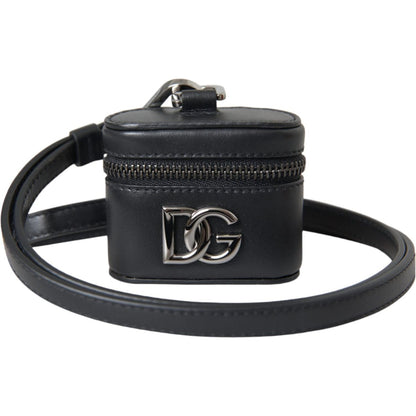 Dolce & Gabbana Black DG Logo Leather Silver Metal Airpods Case