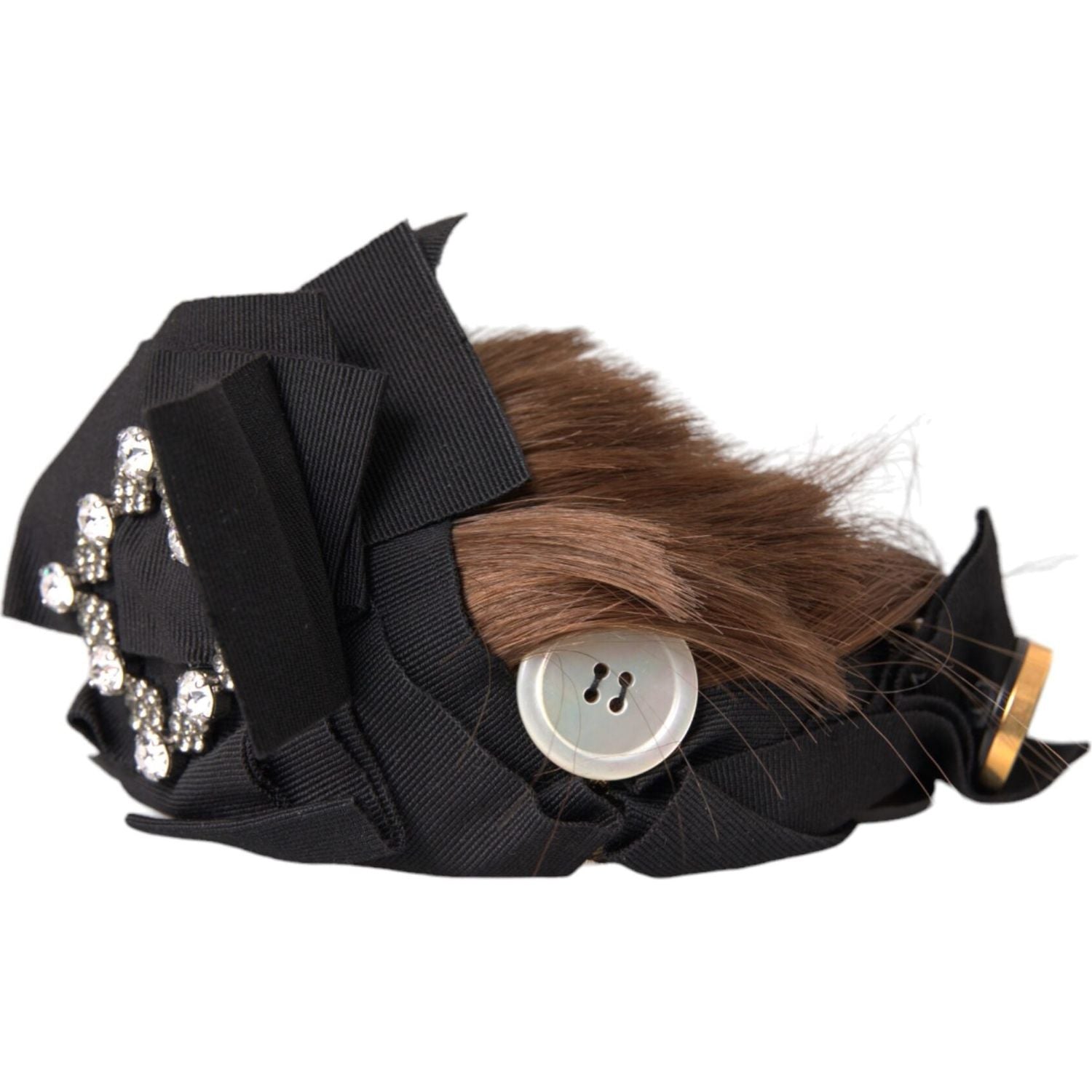 Dolce & Gabbana Black Crystal Button Brown Hair Women Headband Diadem