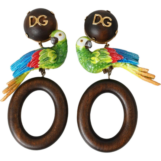 Dolce & Gabbana Multicolor Parrot Wood Brass Crystal Embellished Earring Earrings Dolce & Gabbana Dark Slate Gray