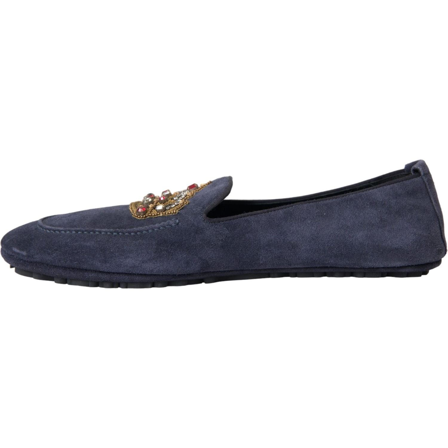 Dolce & Gabbana Blue Leather Suede Crystal Crown Loafers Shoes