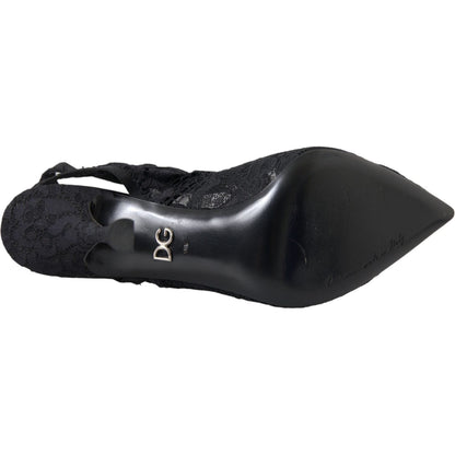 Dolce & Gabbana Black Lace Stretch Heels Slingbacks Shoes