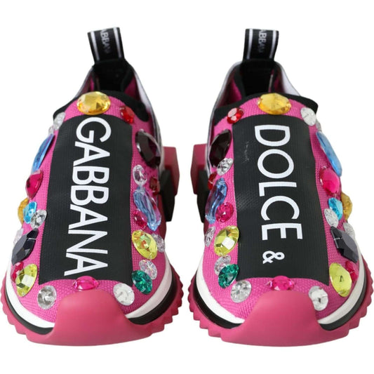 Dolce & Gabbana Pink Sorrento sneakers with colorful rhinestones, featuring the brand logo and rubber cleated sole, front view.