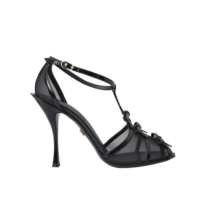 Dolce & Gabbana Black Mesh T-strap Heels Sandals Shoes