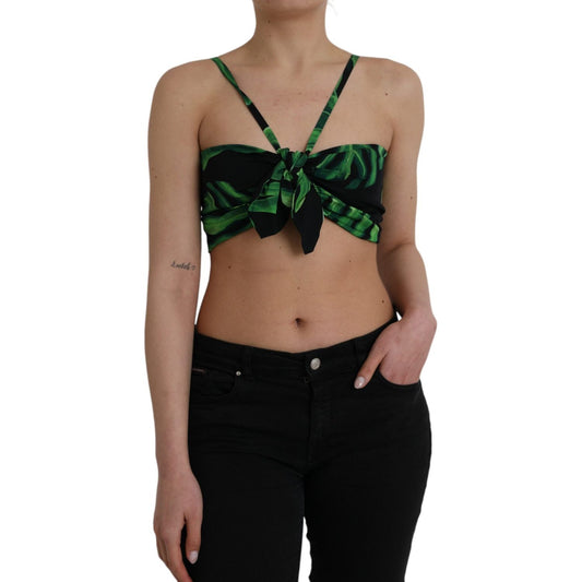 Dolce & Gabbana Black Green Leaf Silk Halter Cropped Top Dolce & Gabbana Black