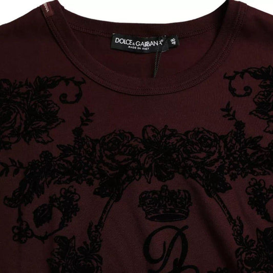 Dolce & Gabbana Maroon DG Crown Floral Crewneck Men T-shirt Dolce & Gabbana Black