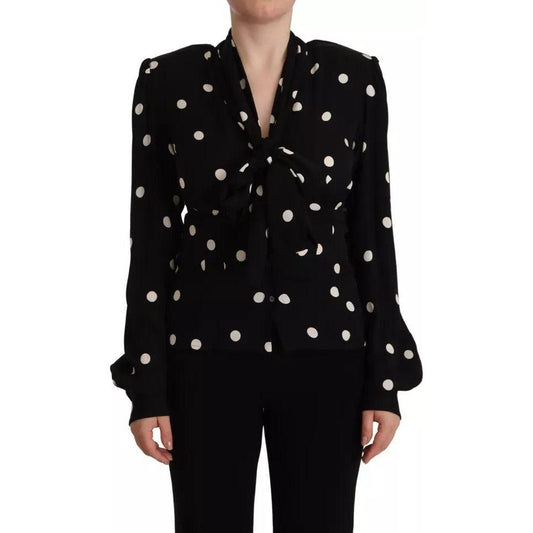 Dolce & Gabbana Black Polka Dots Silk Pussy Bow Long Sleeves Top Dolce & Gabbana Black