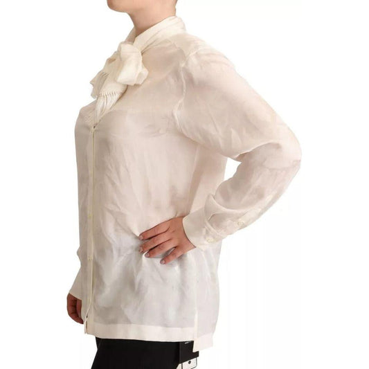 Dolce & Gabbana White Blouse Ascot Collar Shirt Silk Button Top Dolce & Gabbana Light Gray