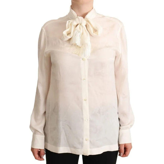 Dolce & Gabbana White Blouse Ascot Collar Shirt Silk Button Top Dolce & Gabbana Light Gray