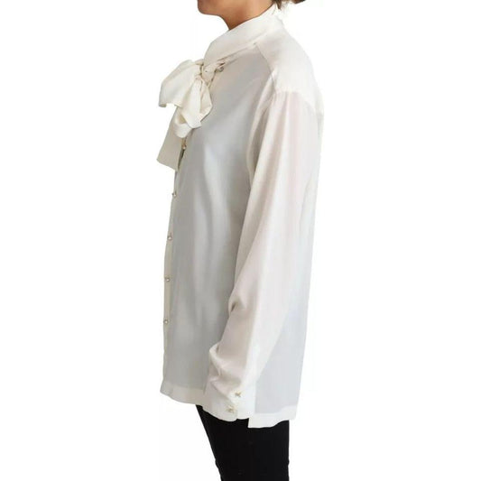 Dolce & Gabbana White Blouse Ascot Collar Shirt Silk Top Dolce & Gabbana Gray