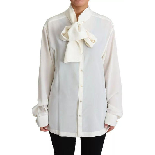Dolce & Gabbana White Blouse Ascot Collar Shirt Silk Top Dolce & Gabbana Light Gray