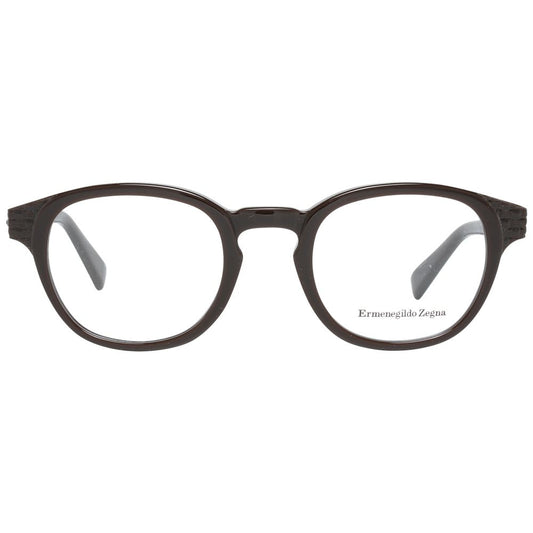 Ermenegildo Zegna Brown Men Glasses Frame, plastic full-rim style with spring hinge, size 48-22-145, includes branded case.