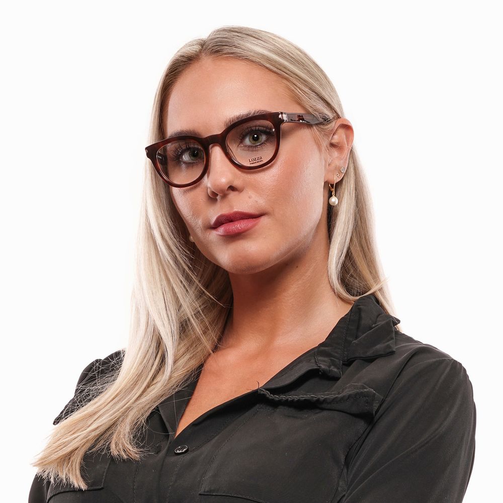 Alt Tag: Woman wearing Lozza Brown Women Glasses Frame with plastic full-rim butterfly design, shown with branded case.