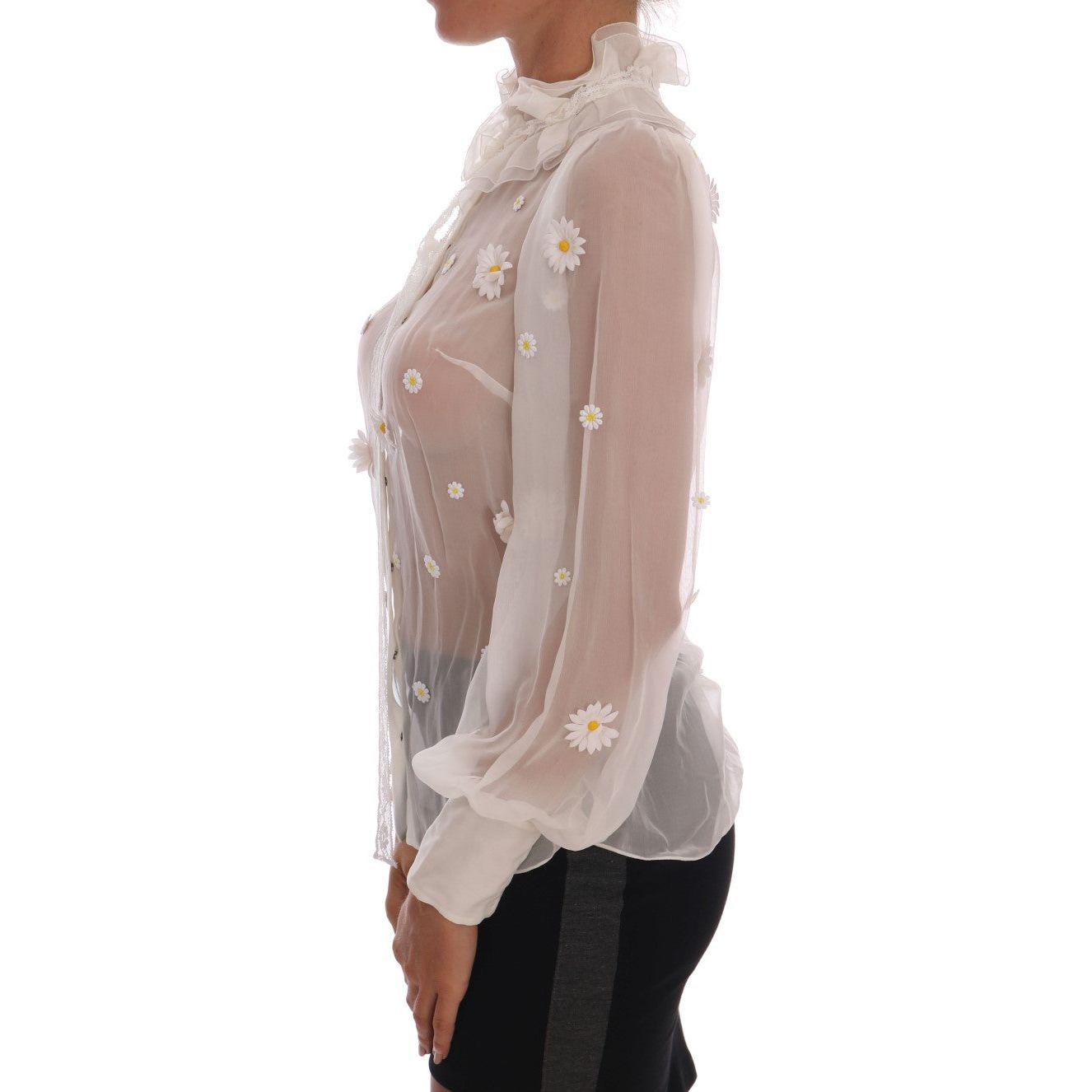 Dolce & Gabbana White Daisy Applique Silk Shirt