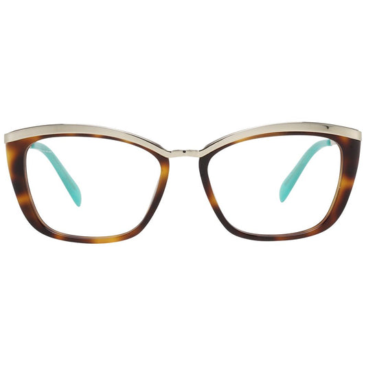 Emilio Pucci Brown Women Glasses Frame, metal and plastic, full-rim trapezium style with demo lenses and branded case included.