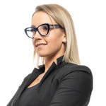Woman wearing Emilio Pucci Blue Women Glasses Frame, showcasing full-rim butterfly style with demo lenses and blue plastic frame.