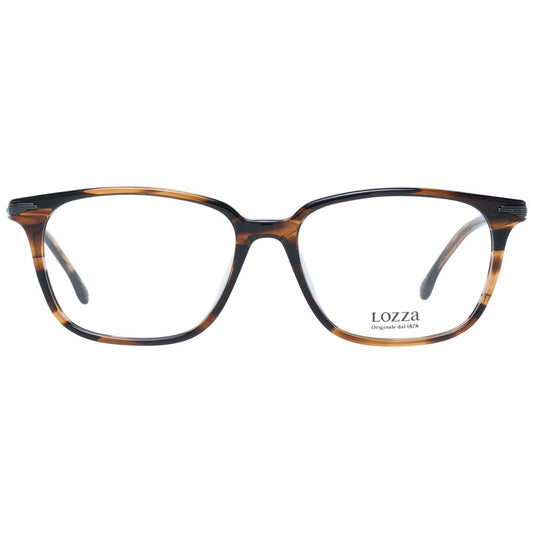 Lozza Brown Men Glasses Frame, full-rim rectangle style with plastic frame, featuring a temple length of 145mm. Includes branded case.