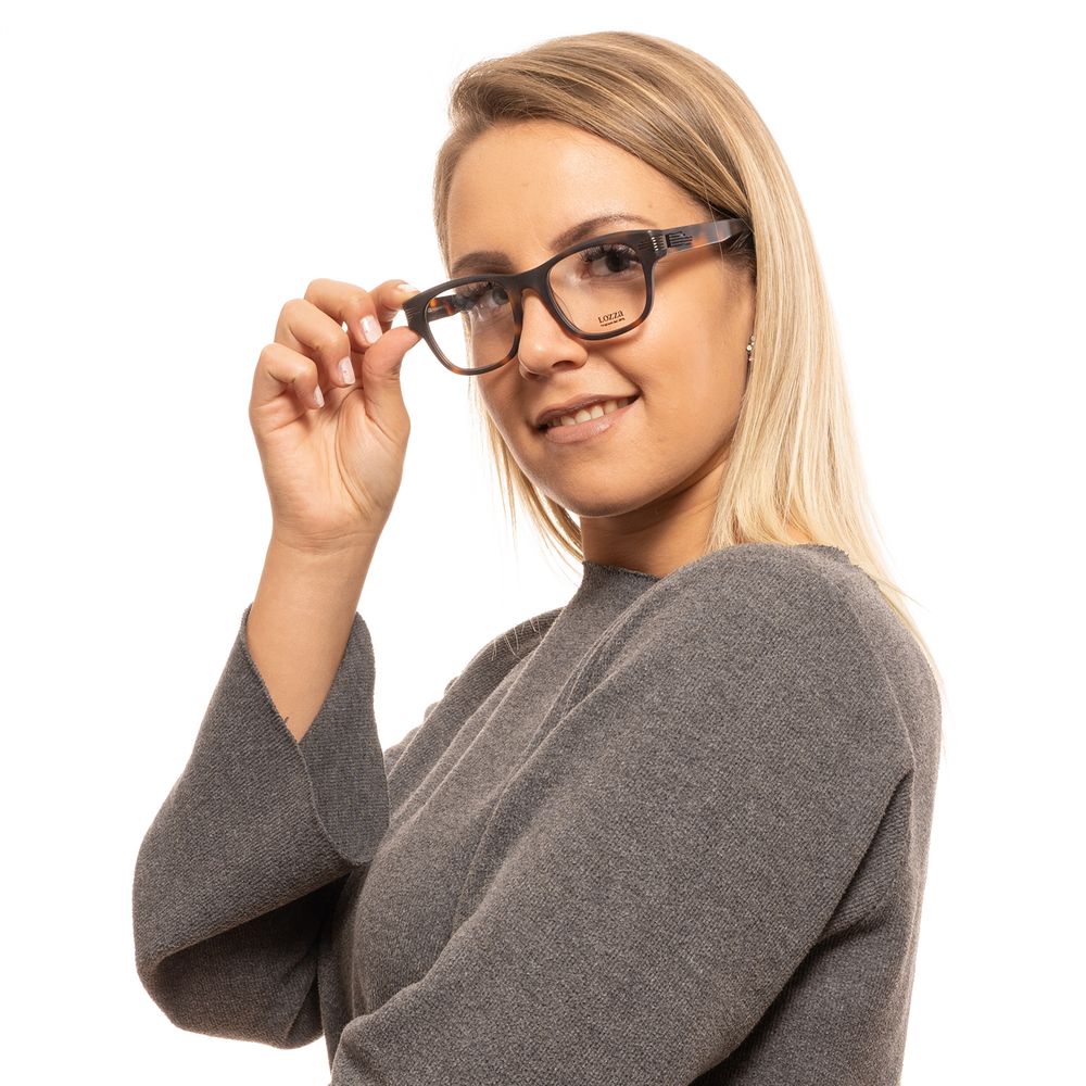 Woman wearing Lozza Brown Unisex Glasses Frame, full-rim, round, plastic frame, demo lenses, 50-21-140 size, with branded case included.