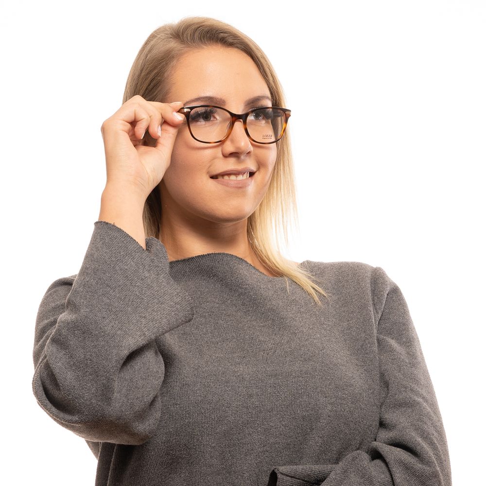 Woman wearing Lozza Brown Women Glasses Frame, full-rim plastic oval design with transparent lenses, brown frame color, spring hinge.