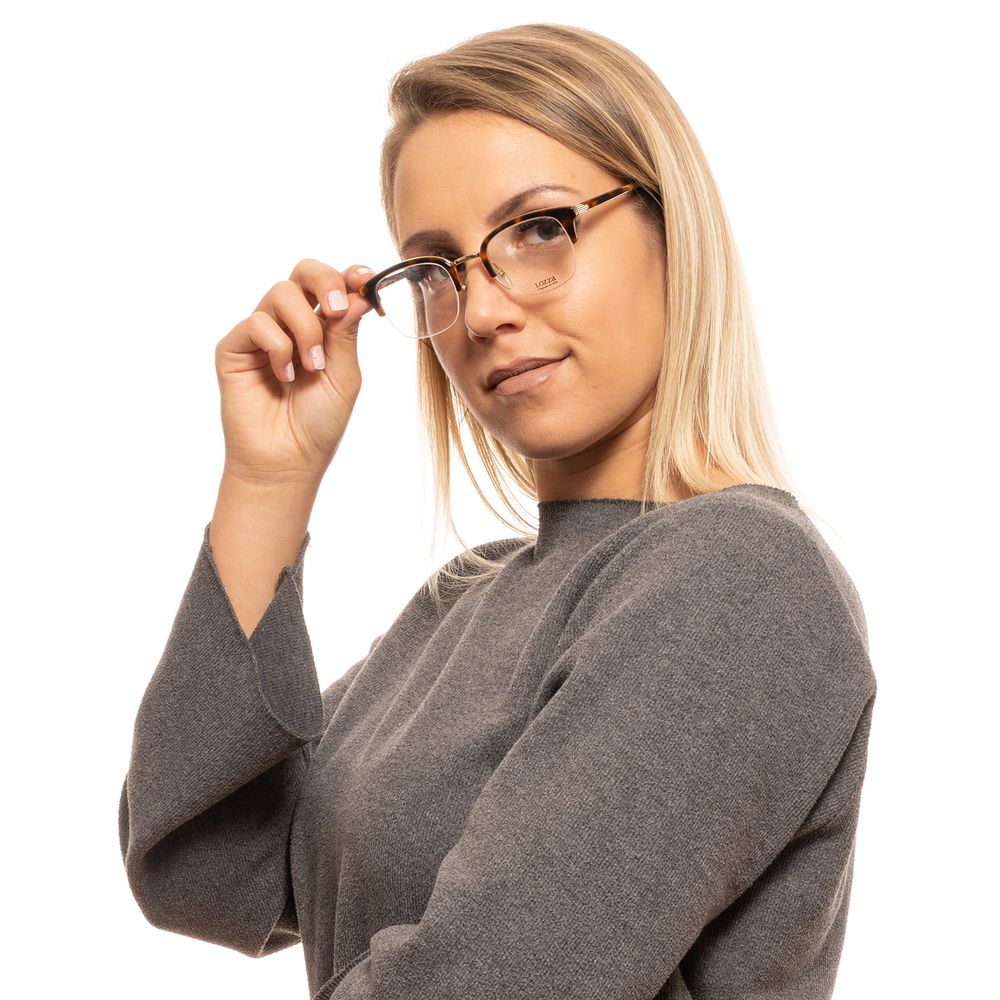 Lozza Brown Unisex Glasses Frame worn by woman, metal & plastic half-rim, square style, size 48-24-140, brown color.