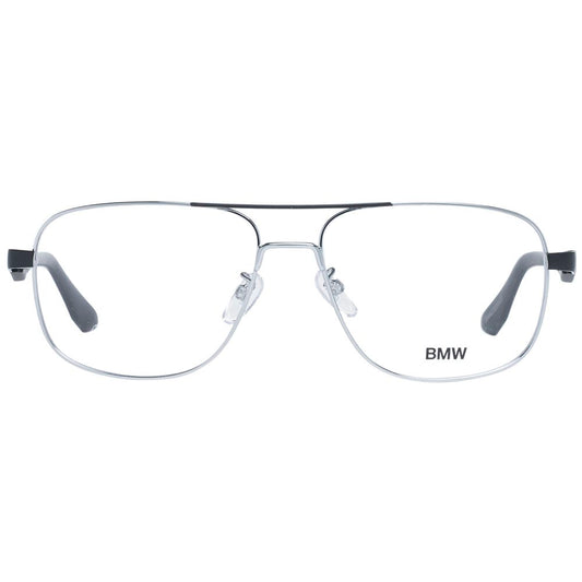 BMW Silver Men Glasses Frame, silver aviator style, metal full-rim design with demo lenses, size 57-15-145, no extra protection.
