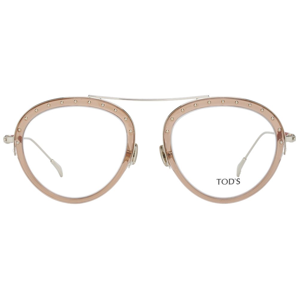 Tod's Brown Women Glasses Frame in metal & plastic, gold color, full-rim, oval style, demo lenses, includes branded case.