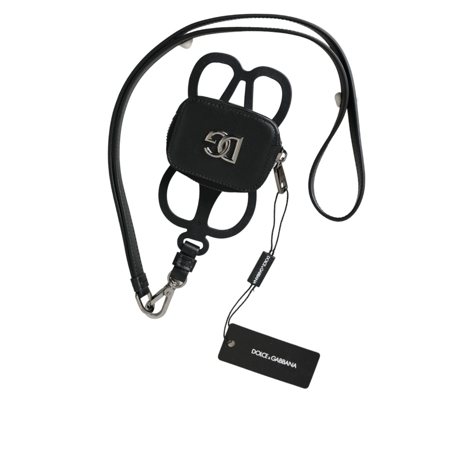 Dolce & Gabbana Black Calfskin Leather DG Logo Coin Purse Lanyard Wallet